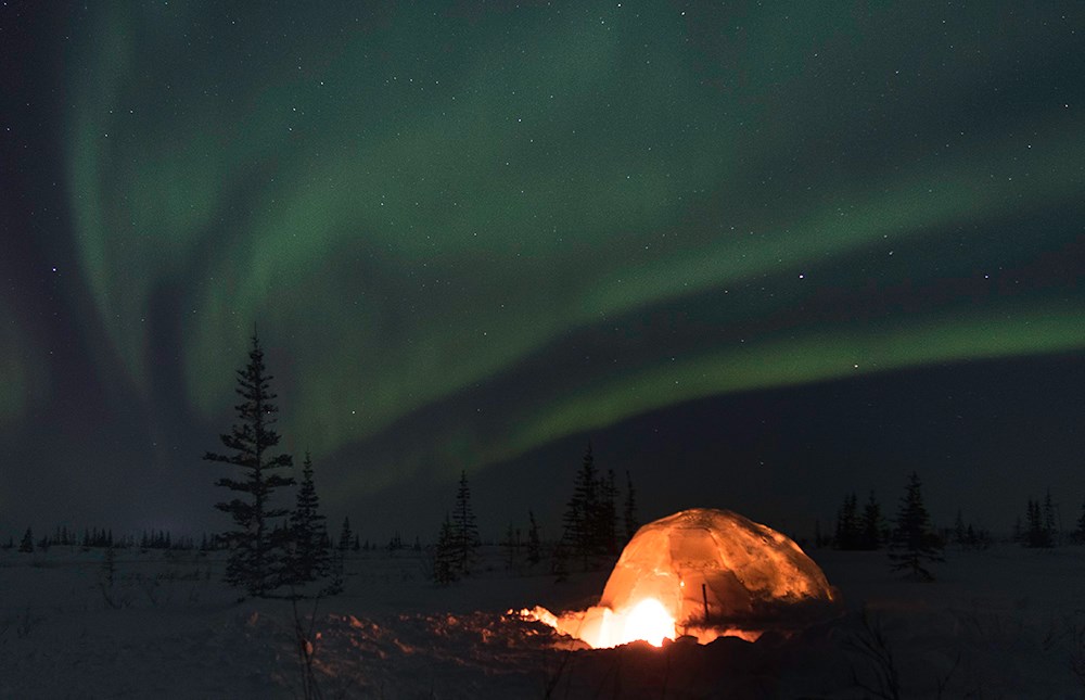 Aurora with igloo in foreground in Churchill, Manitoba. Justin Gibson photo.