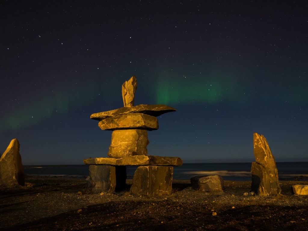 Northern lights and inukshuk Churchill